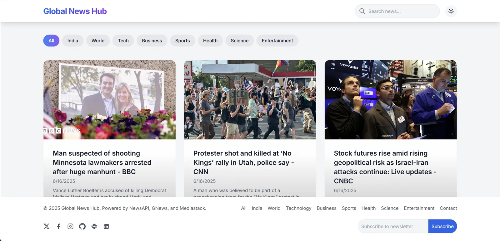 Global News Hub — Three news APIs reconciled into one coherent reading surface.