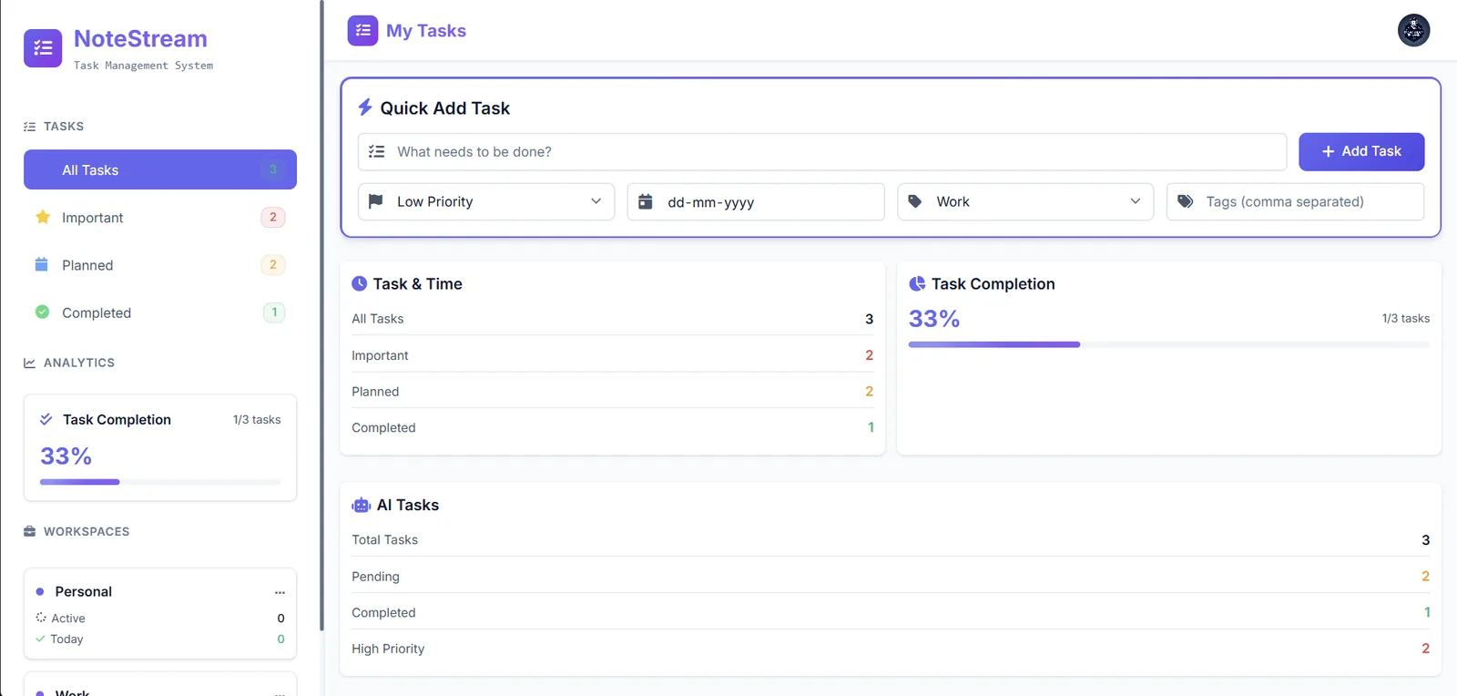 NoteStream — A task manager with assisted capture and a genuinely quiet interface.